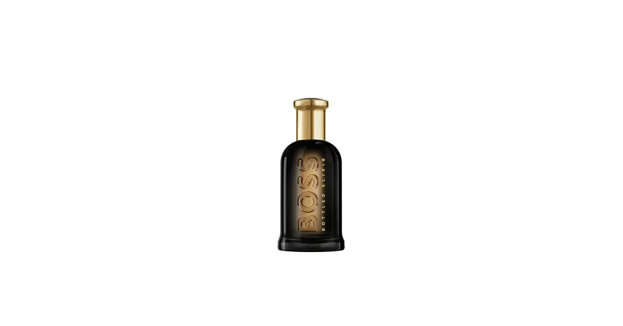 Elegancka butelka perfum Hugo Boss Bottled Oud Elixir z ciemnego szkła i złotym korkiem.