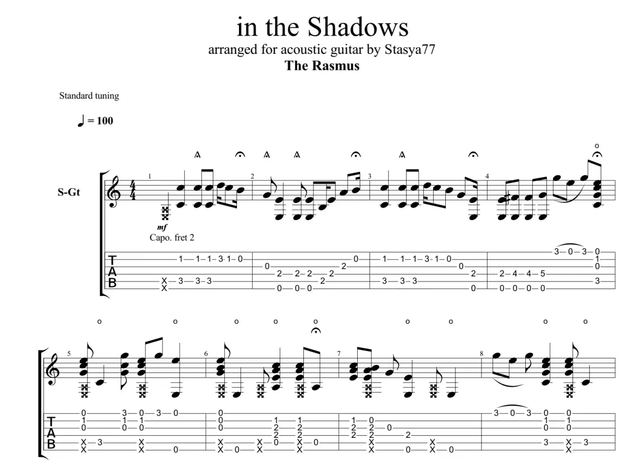 Nuty do utworu "In the Shadows" zespołu The Rasmus, zaaranżowane na gitarę akustyczną.