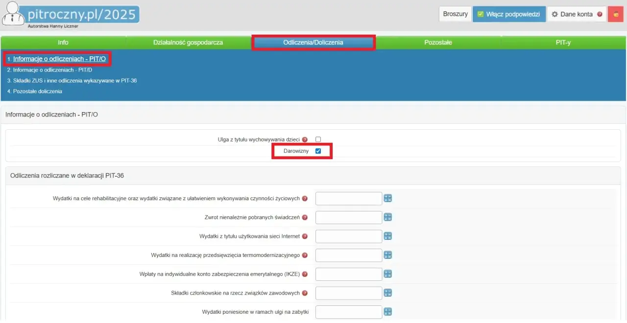 Formularz PIT-36, sekcja "Odliczenia/Doliczenia". Zaznaczona opcja "Darowizny" jako darowizna na cele kultu religijnego.