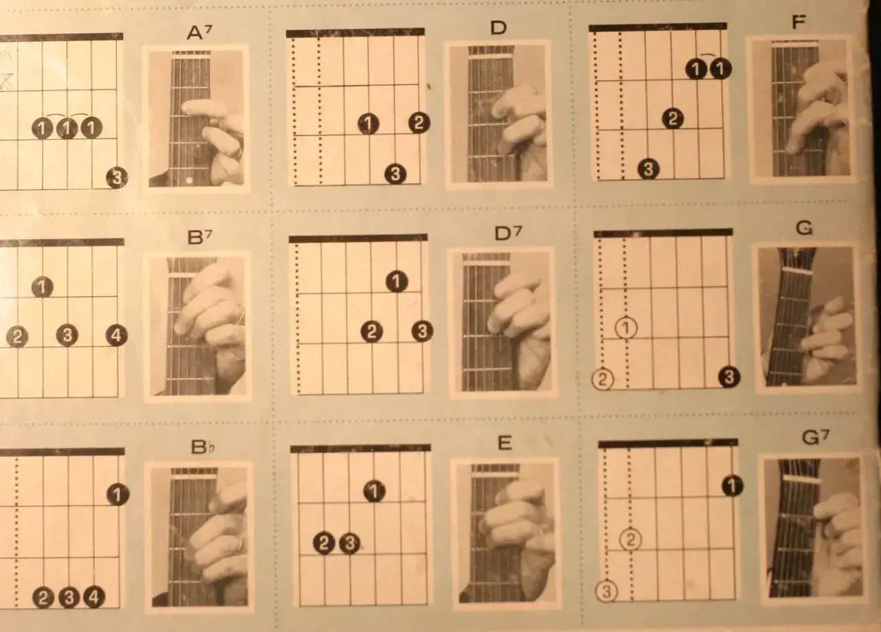 Diagramy akordów na gitarze: A7, B7, Bb, D, D7, E, F, G, G7. Poznaj, ile jest akordów na gitarze i jak je zagrać.