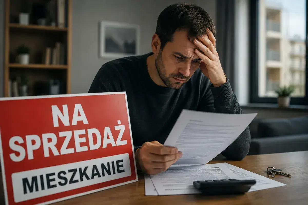Zmartwiony mężczyzna analizuje dokumenty dotyczące mieszkania zapisanego w testamencie, a także kwestii zachowku. Obok leży tabliczka "Na sprzedaż mieszkanie".