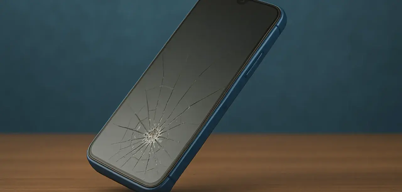 Telefon z pękniętym ekranem, mimo zastosowania folii hydrożelowej, po upadku.
