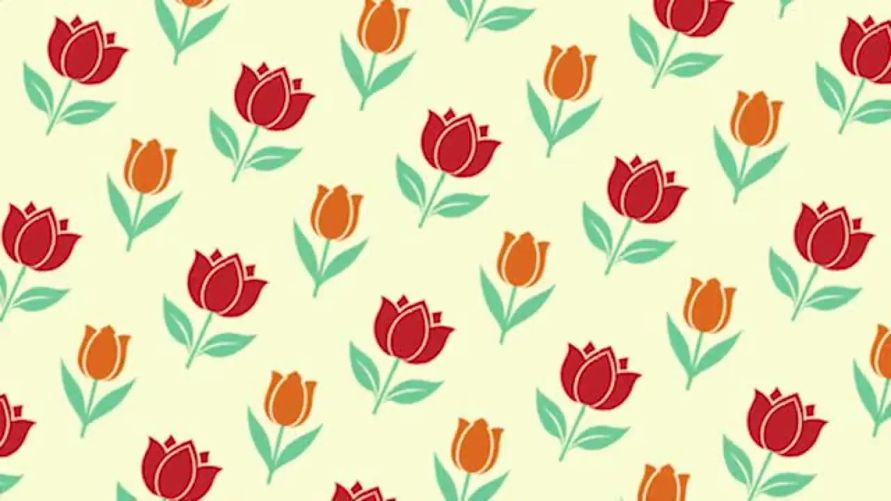 Motifs Photoshop de tulipes rouges et orange sur fond crème, créant un motif répétitif joyeux.