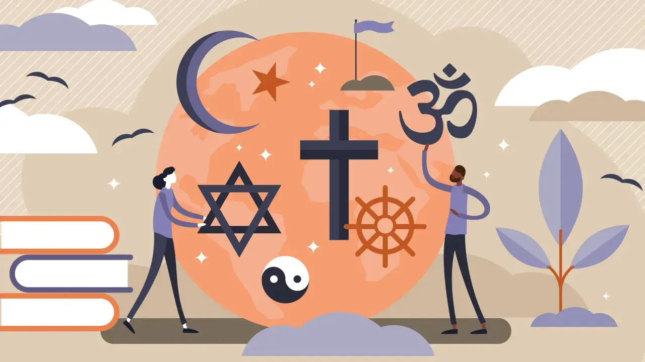 Menschen präsentieren Symbole verschiedener Religionen und Kulturen. Ein friedliches Miteinander von Kultur und Religion.