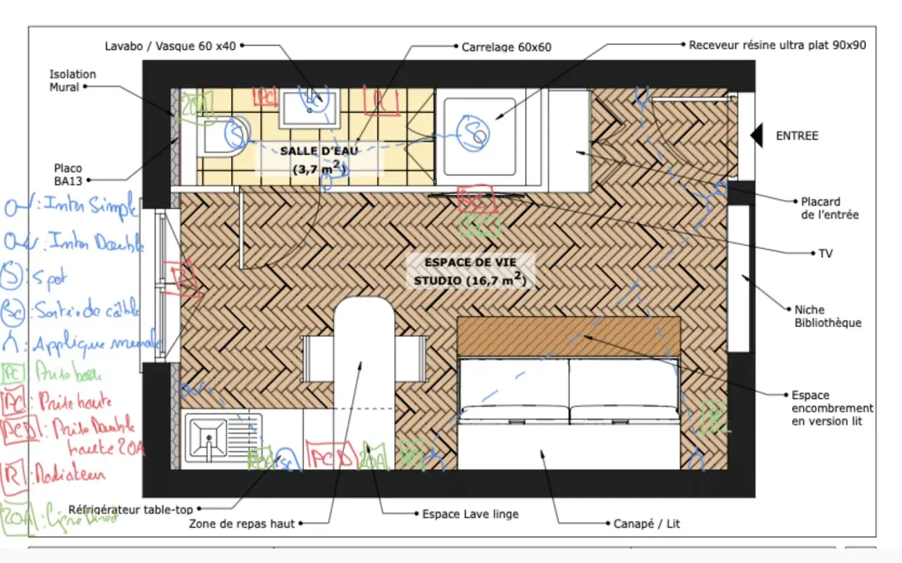 Plan d'un studio avec salle d'eau, espace de vie, et indications pour le prix d'installation électrique d'un appartement.