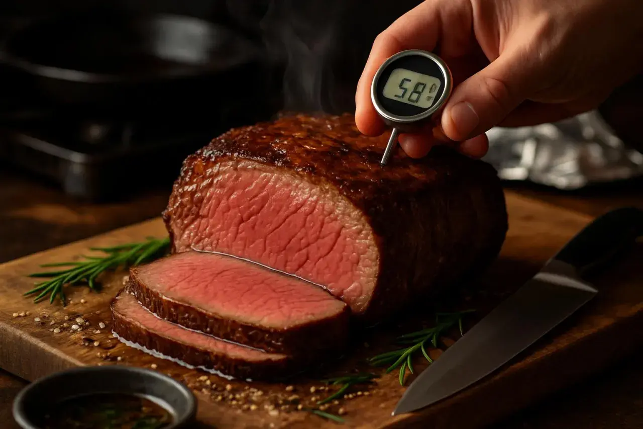 Un succulento arrosto di manzo, appena cotto, viene controllato con un termometro. La carne è rosata e invitante, con fette già pronte per essere servite.