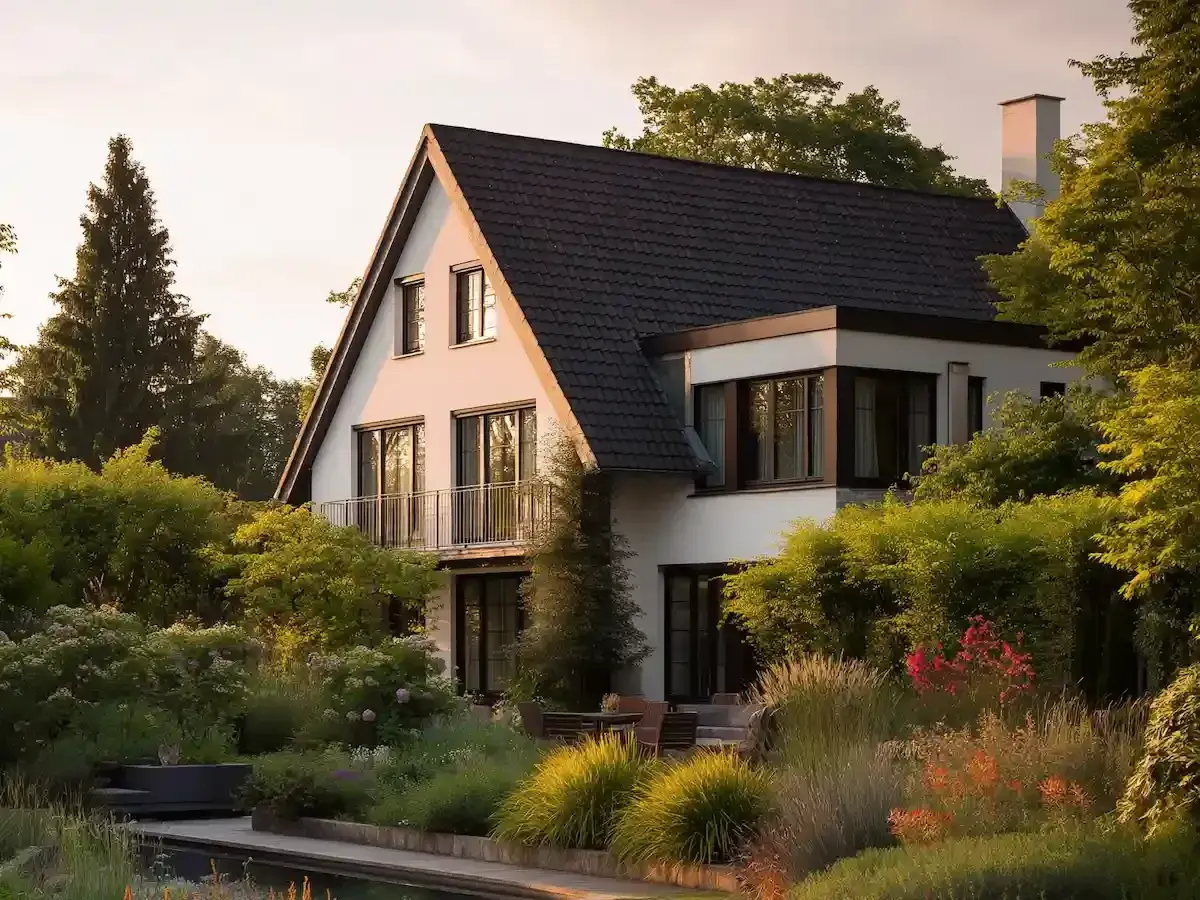 Ein modernes Haus mit Garten. Die Faustregel Kosten Hausbau ist hier gut umgesetzt.
