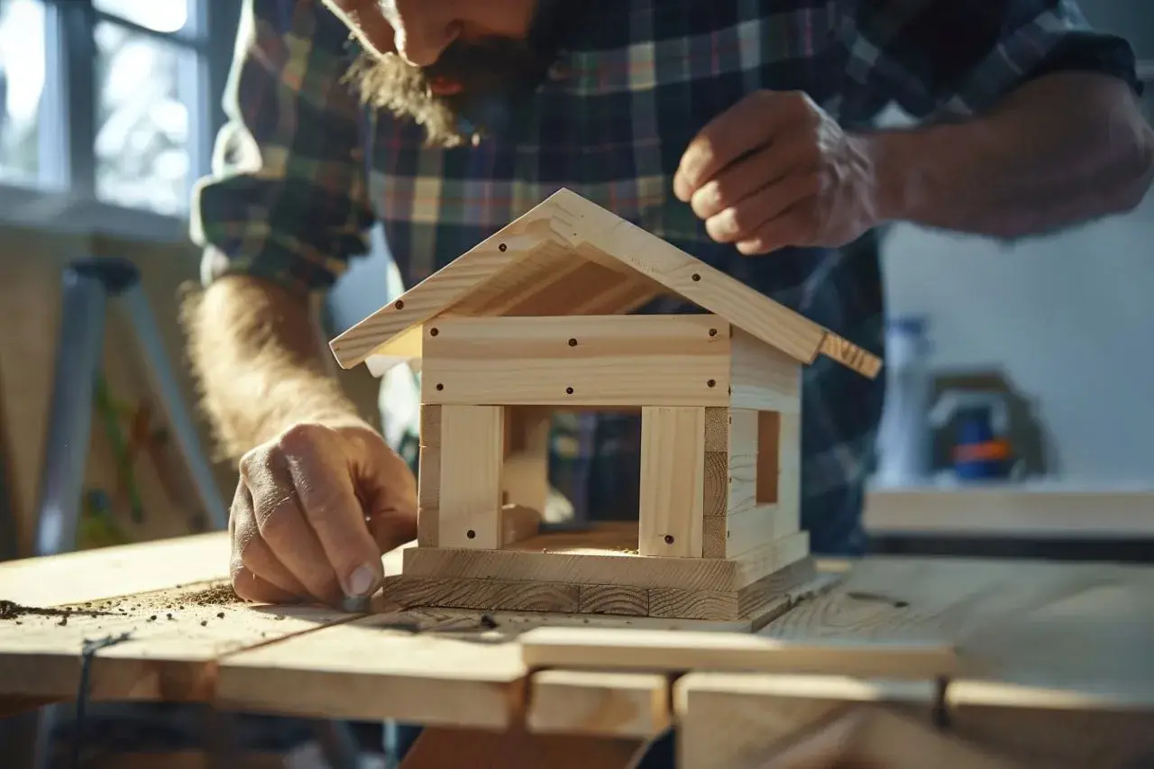 Carpintero ensambla un tejado de madera para una casita, mostrando cómo hacer un tejado con vigas de madera y tejas.