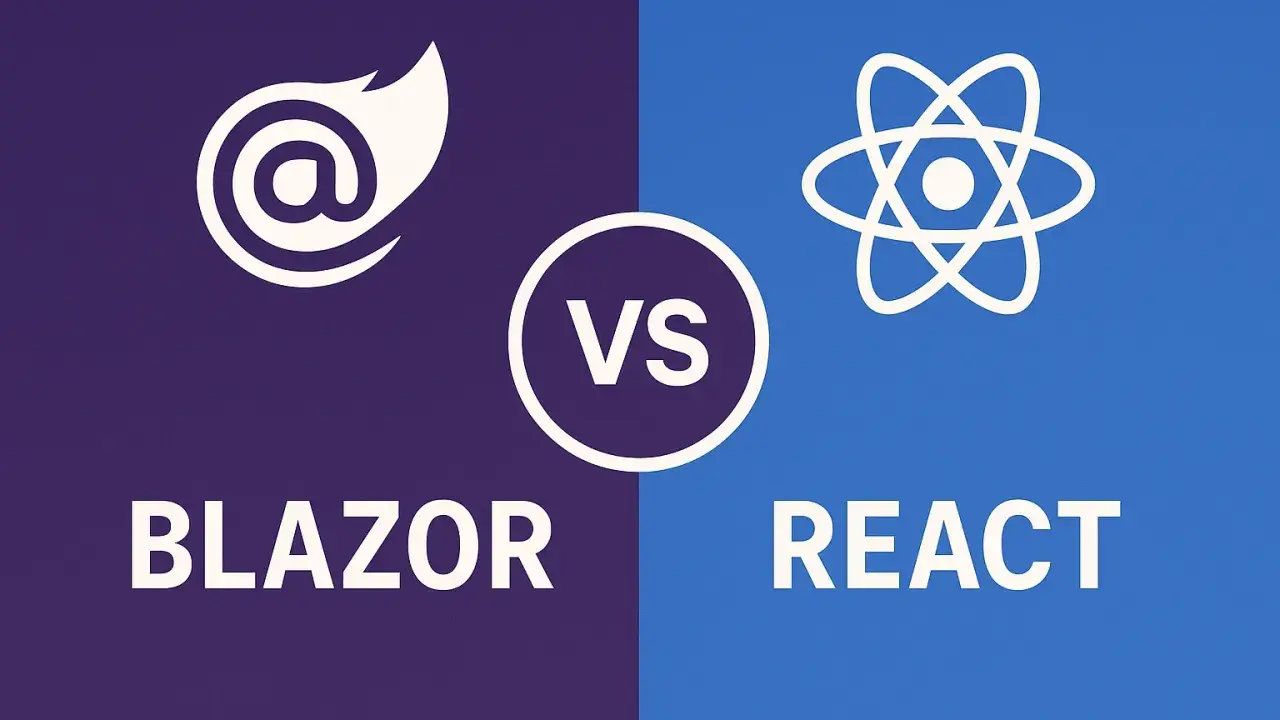 Logo Blazor i React obok siebie z napisem "VS" pośrodku.