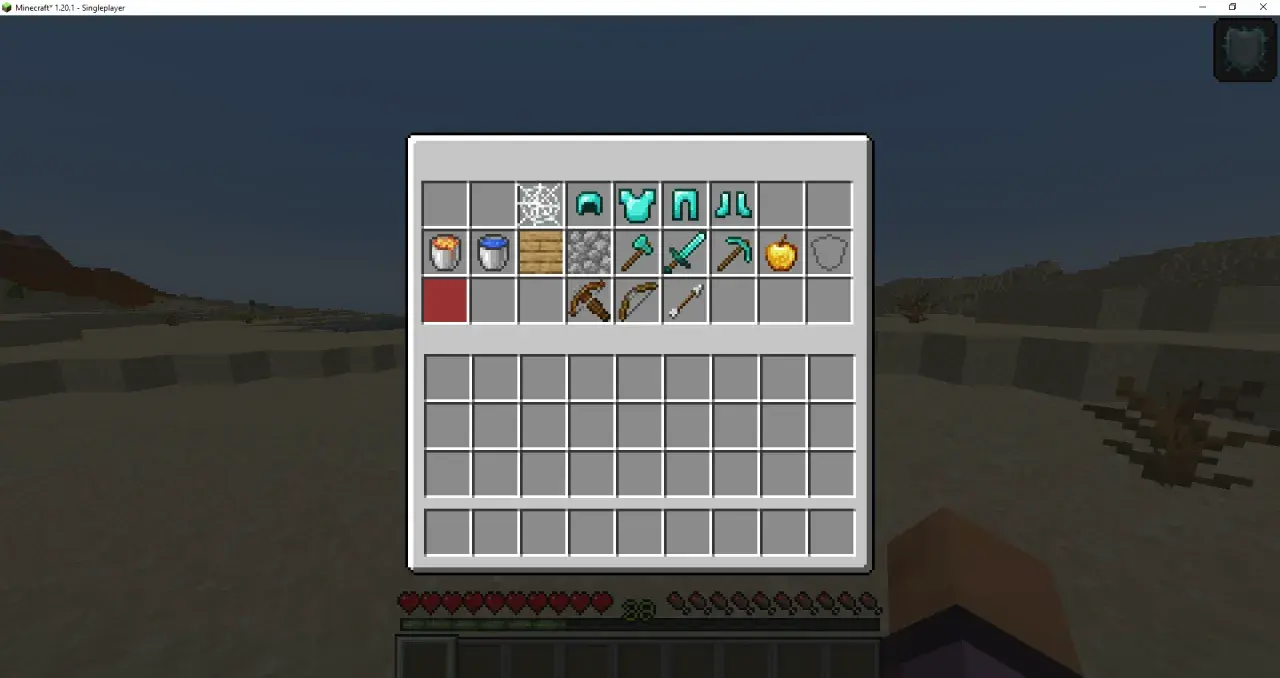 Ekwipunek gracza Minecraft: diamentowa zbroja, miecz, kilof, łuk, strzały i złote jabłko. Idealny zestaw na lepsze PvP.