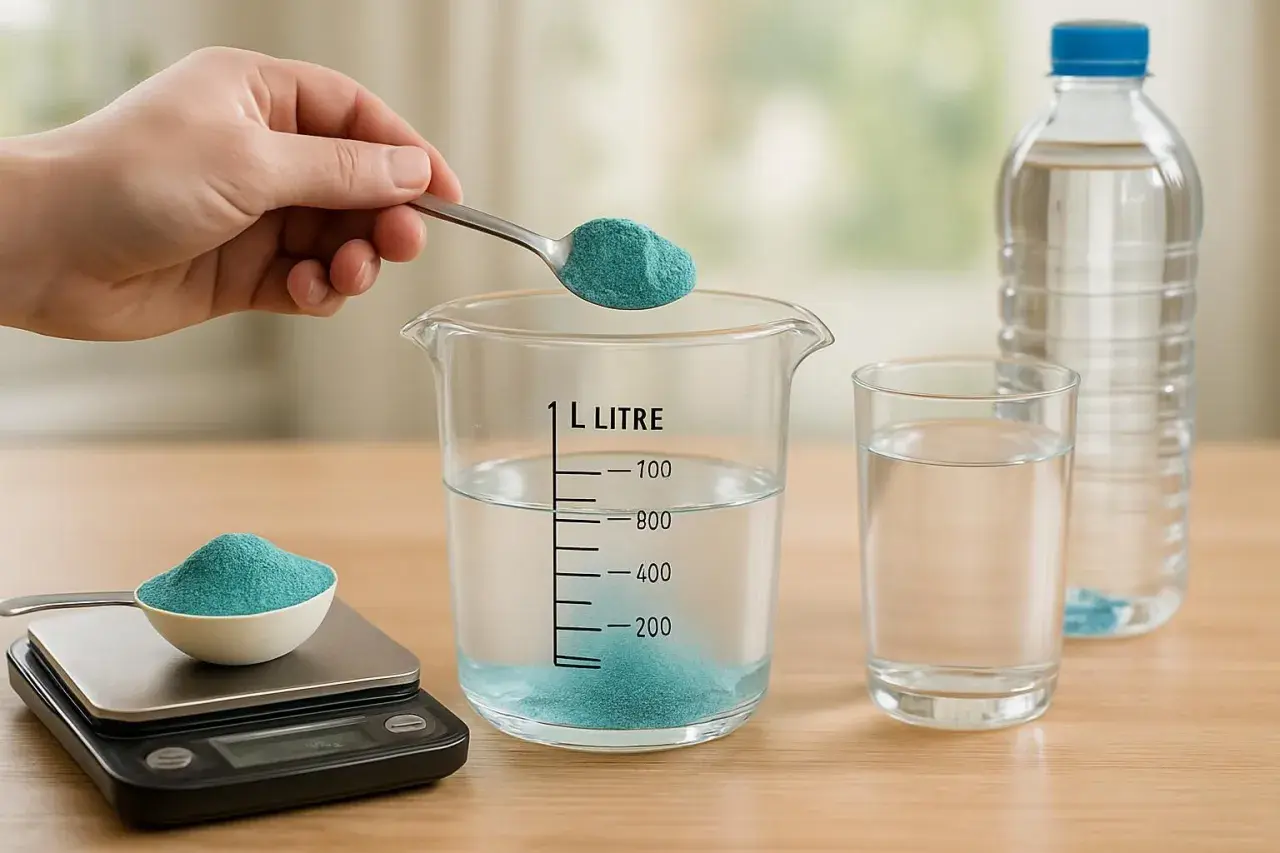 Préparation de la bouillie bordelaise : une main verse une cuillère de poudre bleue dans un bécher gradué contenant de l'eau. Une balance est à côté.