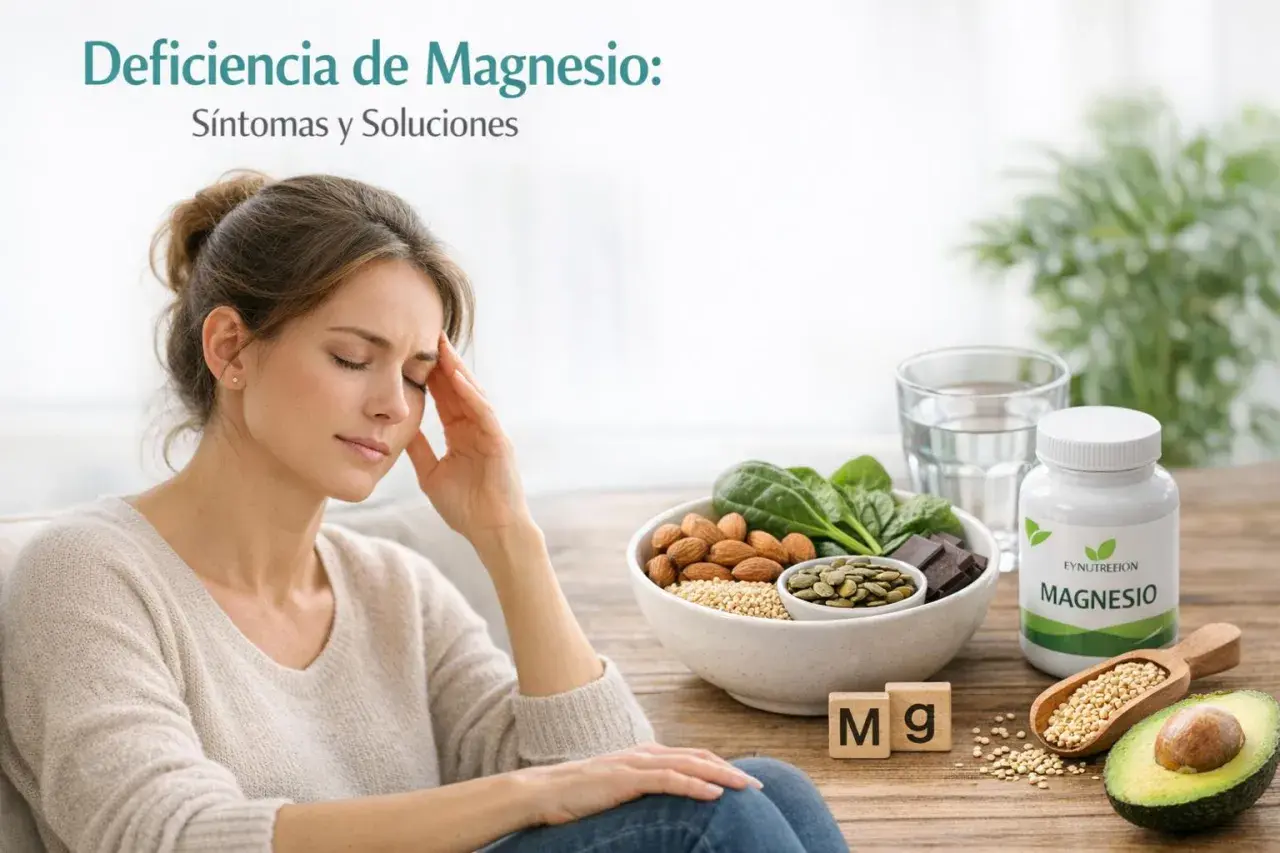 Mujer con dolor de cabeza, posible síntoma de falta de magnesio. Alimentos ricos en magnesio y suplemento.