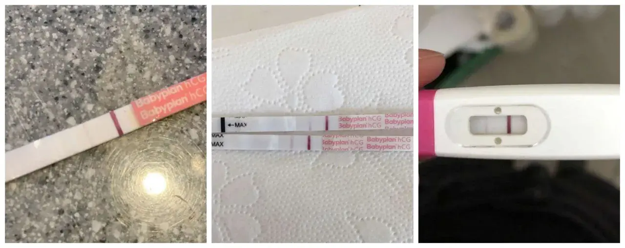 Tre graviditetstest visar ett svagt positivt resultat. En svag rosa linje syns på alla tre testen.