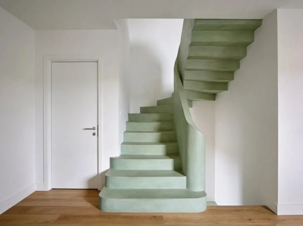 Escaleras curvas de microcemento en tono verde menta, con una puerta blanca y suelo de madera.