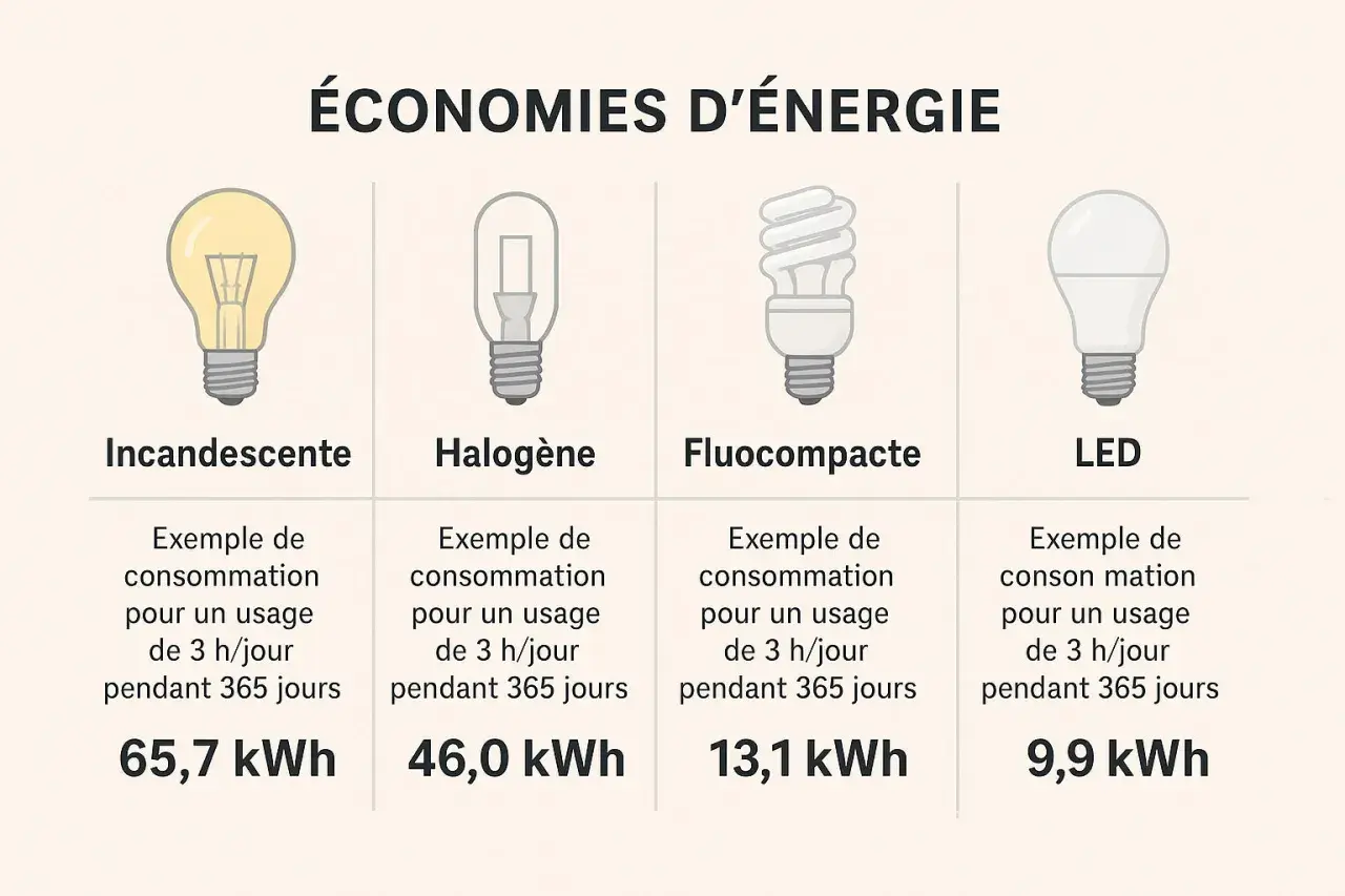 Comparaison de la consommation d'énergie des ampoules : halogène (46 kWh) vs LED (9,9 kWh) et autres. Les avantages et inconvénients sont illustrés.