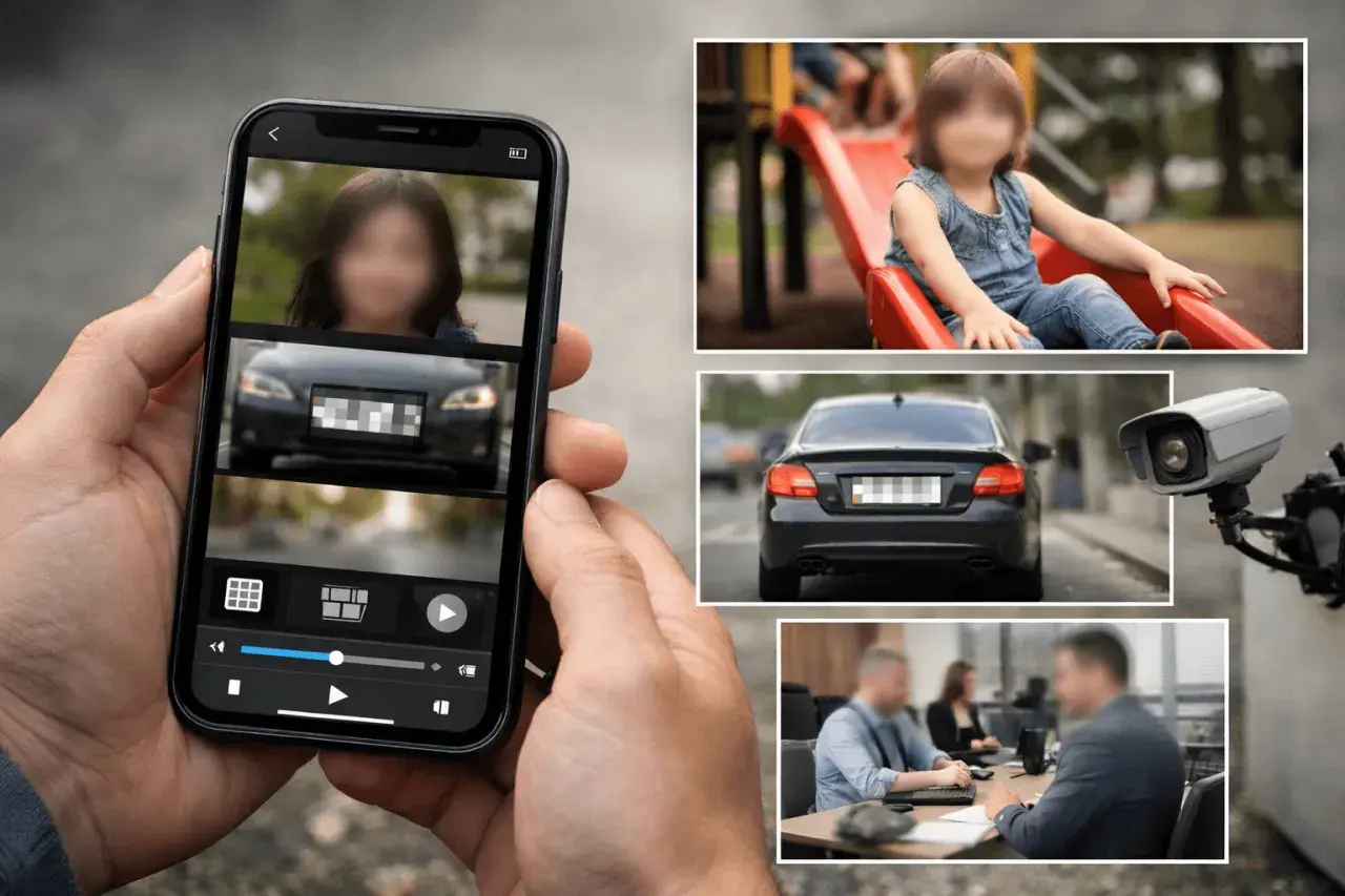 Überwachungsvideos auf dem iPhone: Gesichter und Kennzeichen sind verpixelt. Eine Überwachungskamera filmt ein Auto.