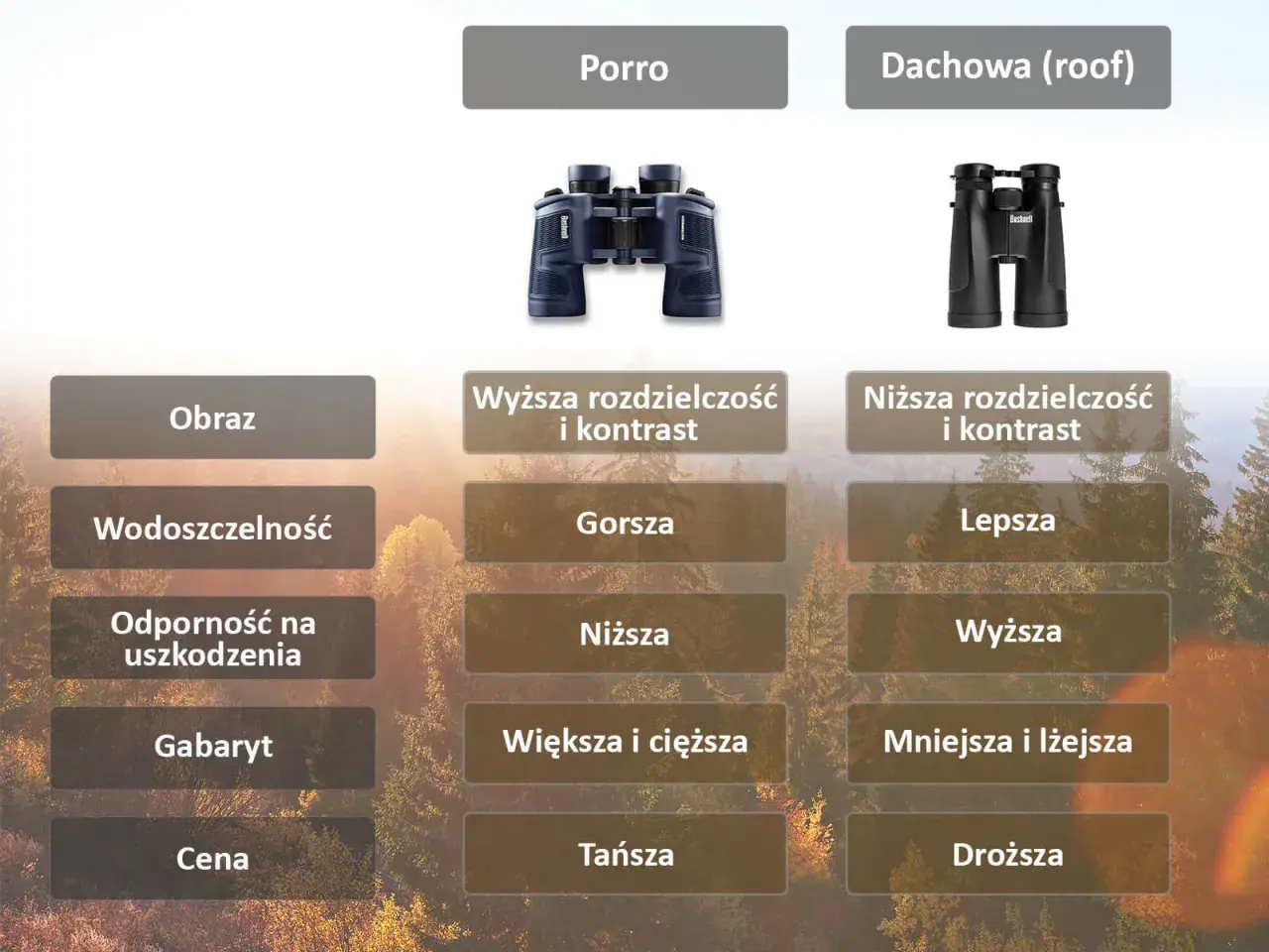 Porównanie lornetek: Porro vs. pryzmat dachowy. Dachowe są mniejsze, lżejsze i droższe, ale mają gorszy obraz.