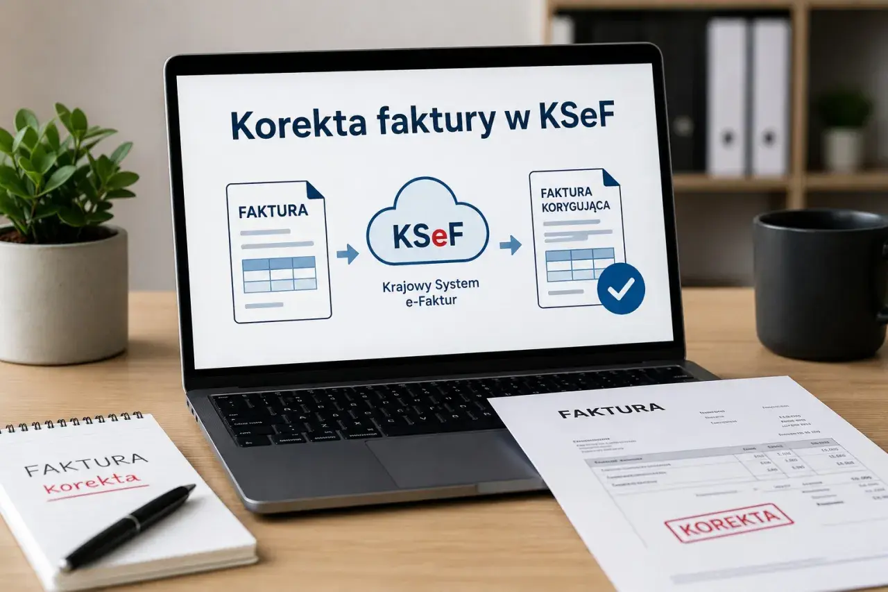 Korekta faktury w KSeF. Czy można wystawić korektę do korekty? Na ekranie laptopa schemat procesu, na biurku notatnik z napisem "FAKTURA korekta" i wydruk faktury z pieczątką "KOREKTA".