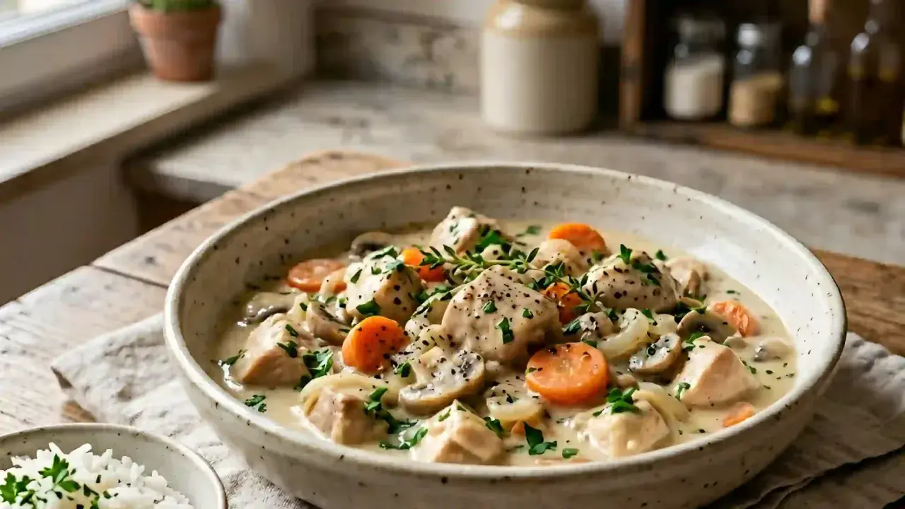 Un réconfortant blanquette de poulet crémeuse avec des champignons, des carottes et des herbes fraîches, servi dans un bol rustique.
