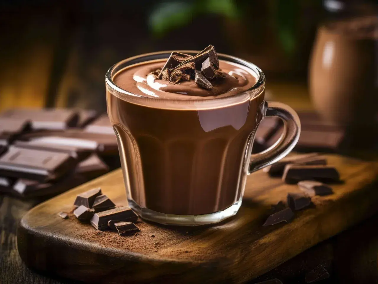 Ein Glas cremiger cioccolata calda, garniert mit Schokoladenstückchen, auf einem Holzbrett mit Kakaopulver und Schokoladenriegeln.