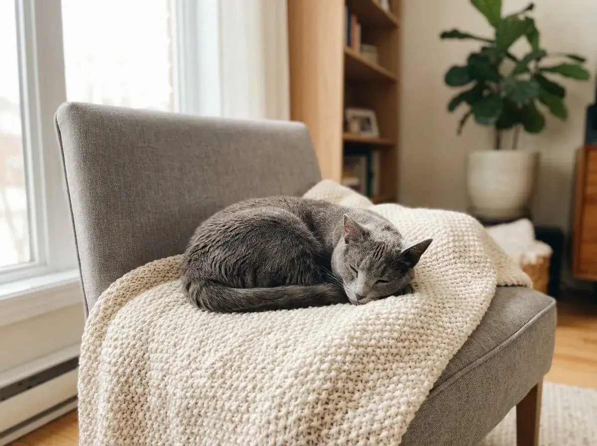 Gato gris durmiendo plácidamente sobre una manta, soñando quizás con un poco de valeriana para gatos.