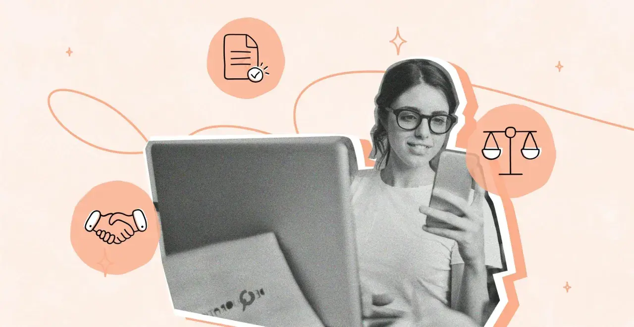 Mujer revisa un documento en su teléfono, con iconos de apretón de manos, balanza y documento, ilustrando qué es un pre contrato.