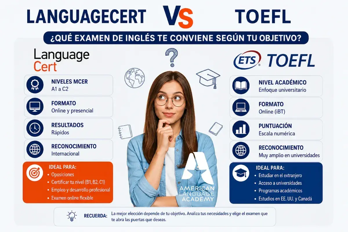 Joven reflexiona sobre exámenes de inglés para **intercambios al extranjero**. Compara Language Cert y TOEFL, sus niveles, formatos y reconocimientos.