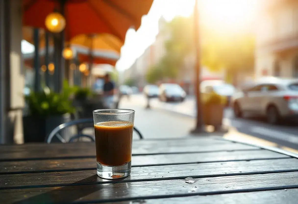 Ett glas ristretto kaffe står på ett träbord utanför ett café. Solen skiner på en gata med bilar i bakgrunden.