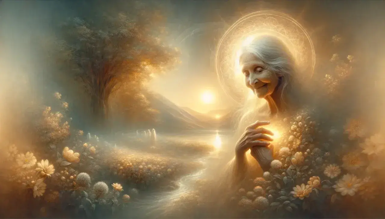 Un ser de luz, como soñar con tu abuela materna fallecida, rodeada de flores y un paisaje etéreo.