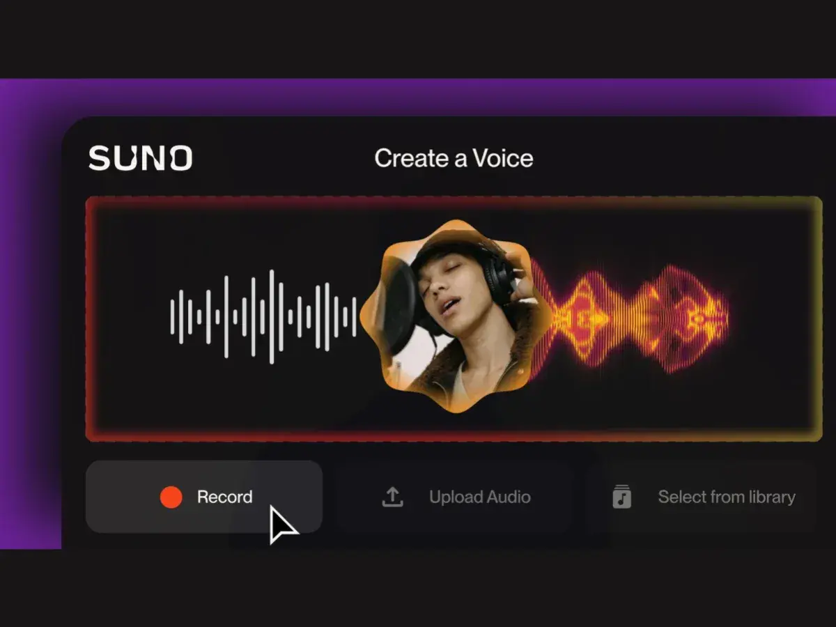 Suno music interface shows a young person singing into a microphone, with a waveform visualization. Options to Record, Upload Audio, or Select from library.
