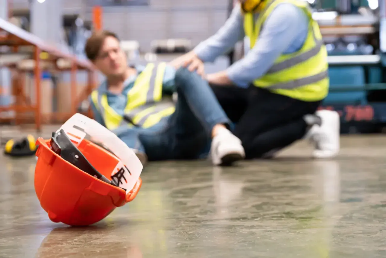 Un lavoratore a terra, un collega preoccupato, un elmetto arancione caduto. Un chiaro segnale di infortunio sul lavoro.