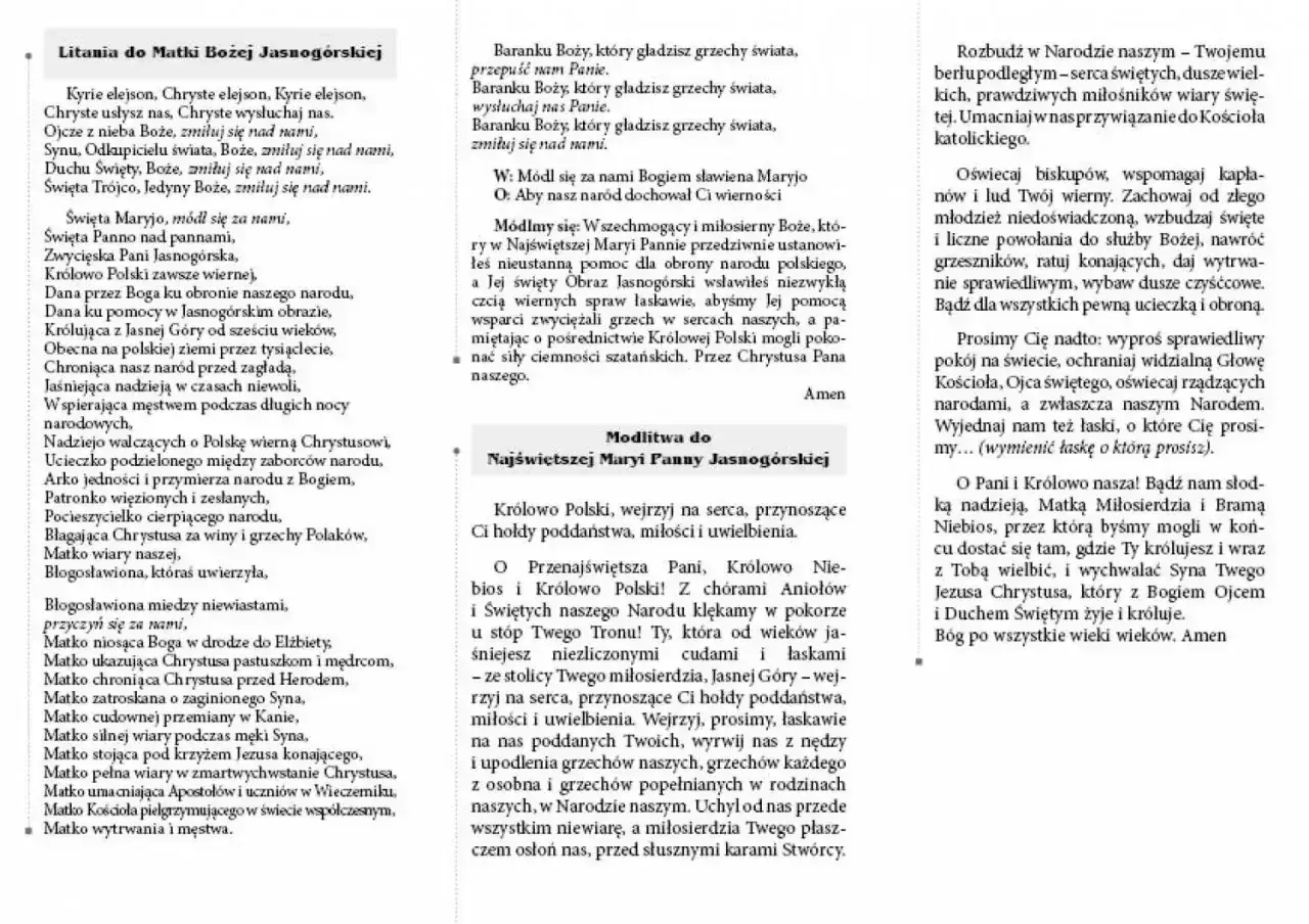 Litania do Matki Bożej Jasnogórskiej, modlitwa o wierność i obronę narodu.