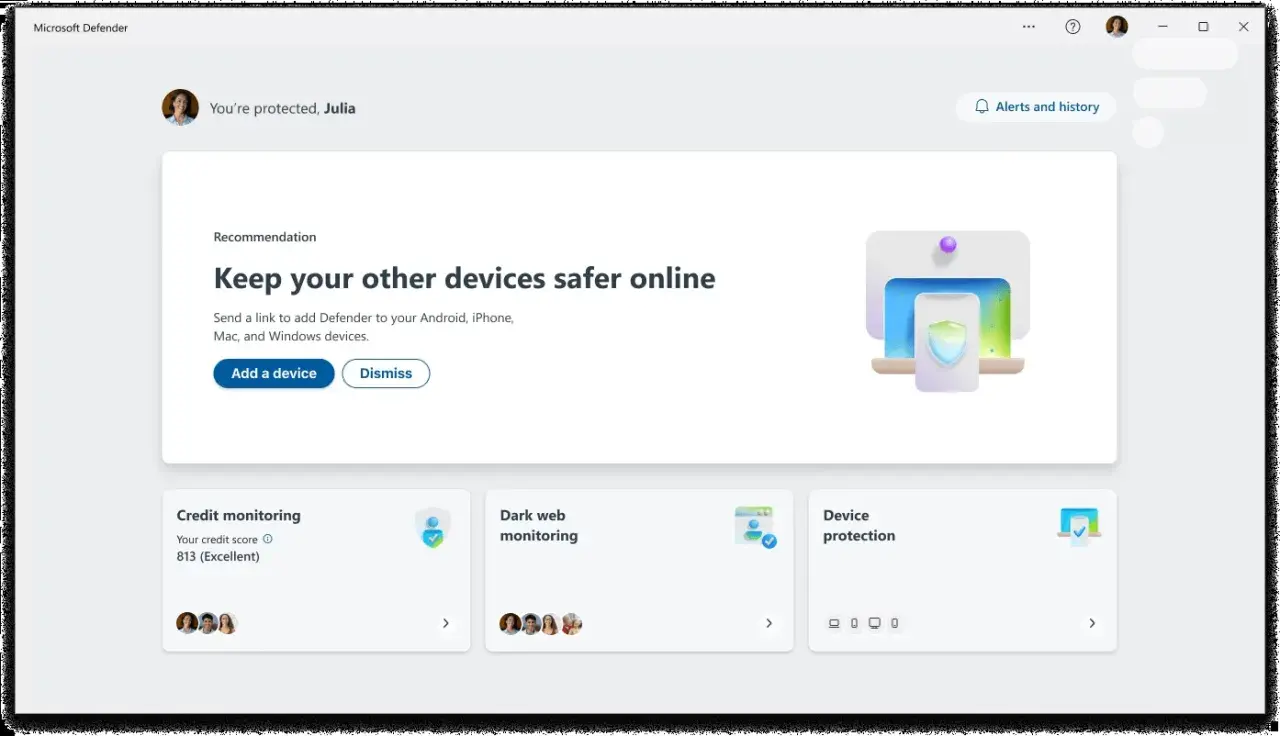 Interface de Microsoft Defender pour edr windows, avec une recommandation pour sécuriser d'autres appareils et des options de surveillance.