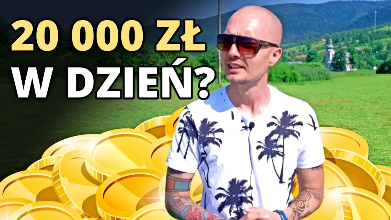Chcesz wiedzieć, jak zarobić 20000 w jeden dzień? Mężczyzna w okularach i koszulce z palmami wyjaśnia, jak osiągnąć sukces finansowy.
