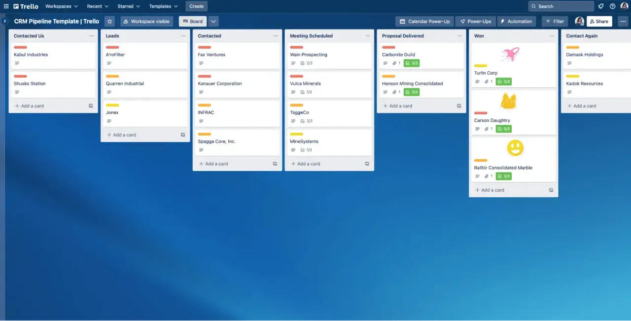 Tablero de Trello con columnas: Contactados, Leads, Contacto, Reunión Agendada, Propuesta Entregada y Ganados. Muestra herramientas de ventas para gestionar clientes.