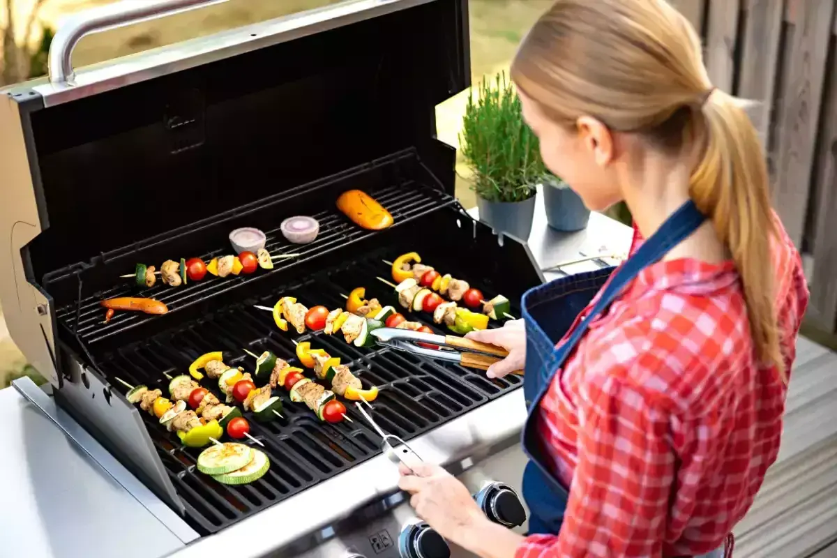 Kvinna grillar spett med kött och grönsaker, som gyros kebab.