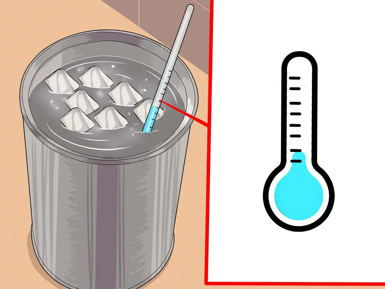 Termómetro mide la temperatura del agua con cubitos de hielo. Se busca la humedad especifica para un experimento.