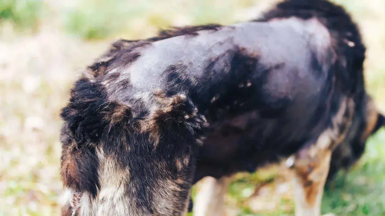 El lomo de un perro muestra calvas y pérdida de pelo, con parches de piel visible.