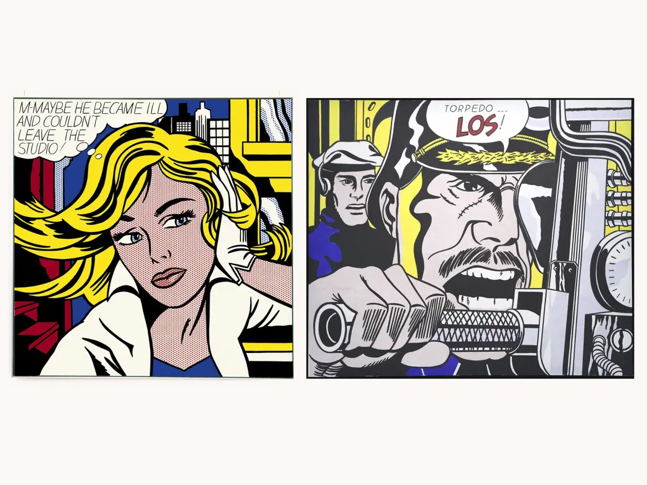 Deux œuvres de Roy Lichtenstein : une femme blonde inquiète et un soldat criant "TORPEDO... LOS!".