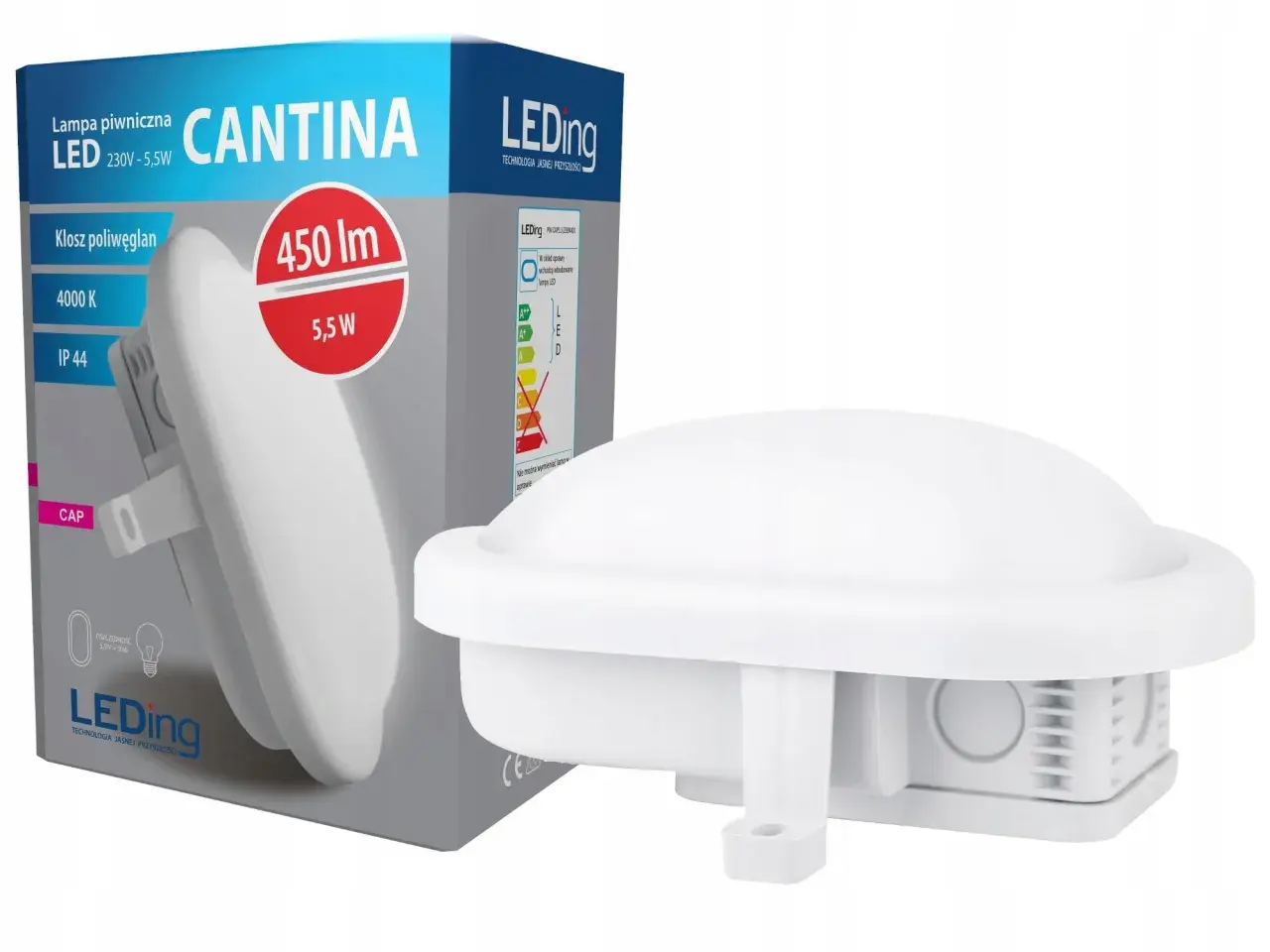 Biała lampa piwniczna LED "CANTINA" o mocy 5,5W, 450 lm, 4000K, IP44. Idealna do piwnicy bez prądu, zapewniająca jasne światło.
