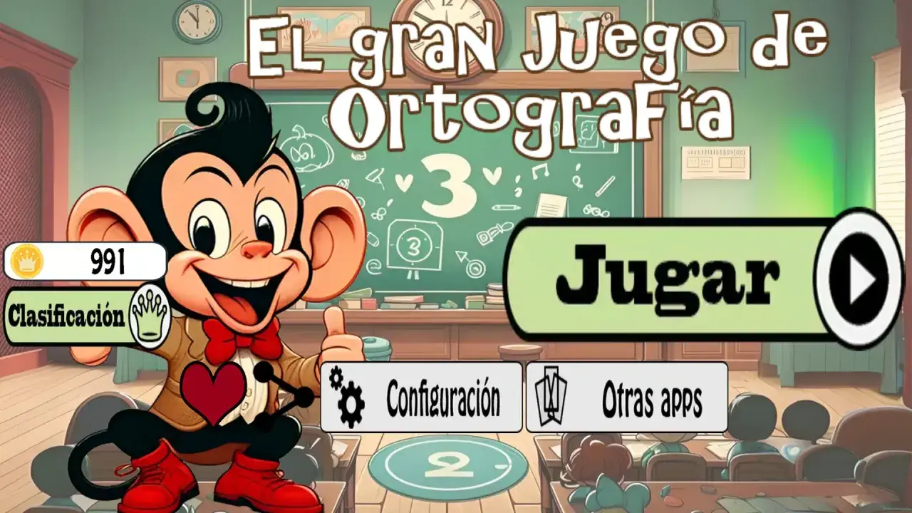 Mono sonriente en un aula, listo para jugar "El gran Juego de Ortografía". Botón "Jugar" y opciones de configuración.