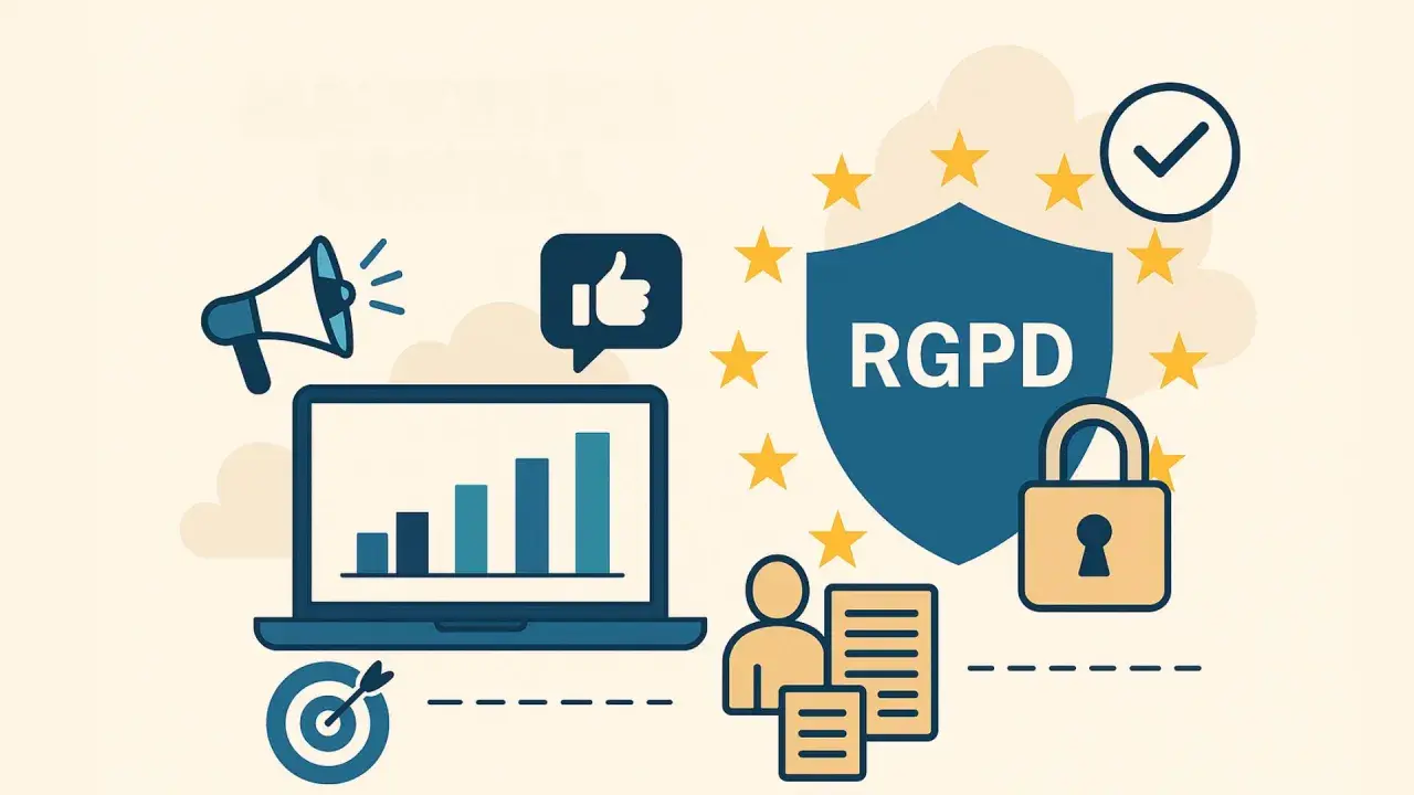 Icônes de marketing et de conformité RGPD pour une campagne numérique réussie : mégaphone, graphique, cible, pouce levé, bouclier, cadenas et étoiles.