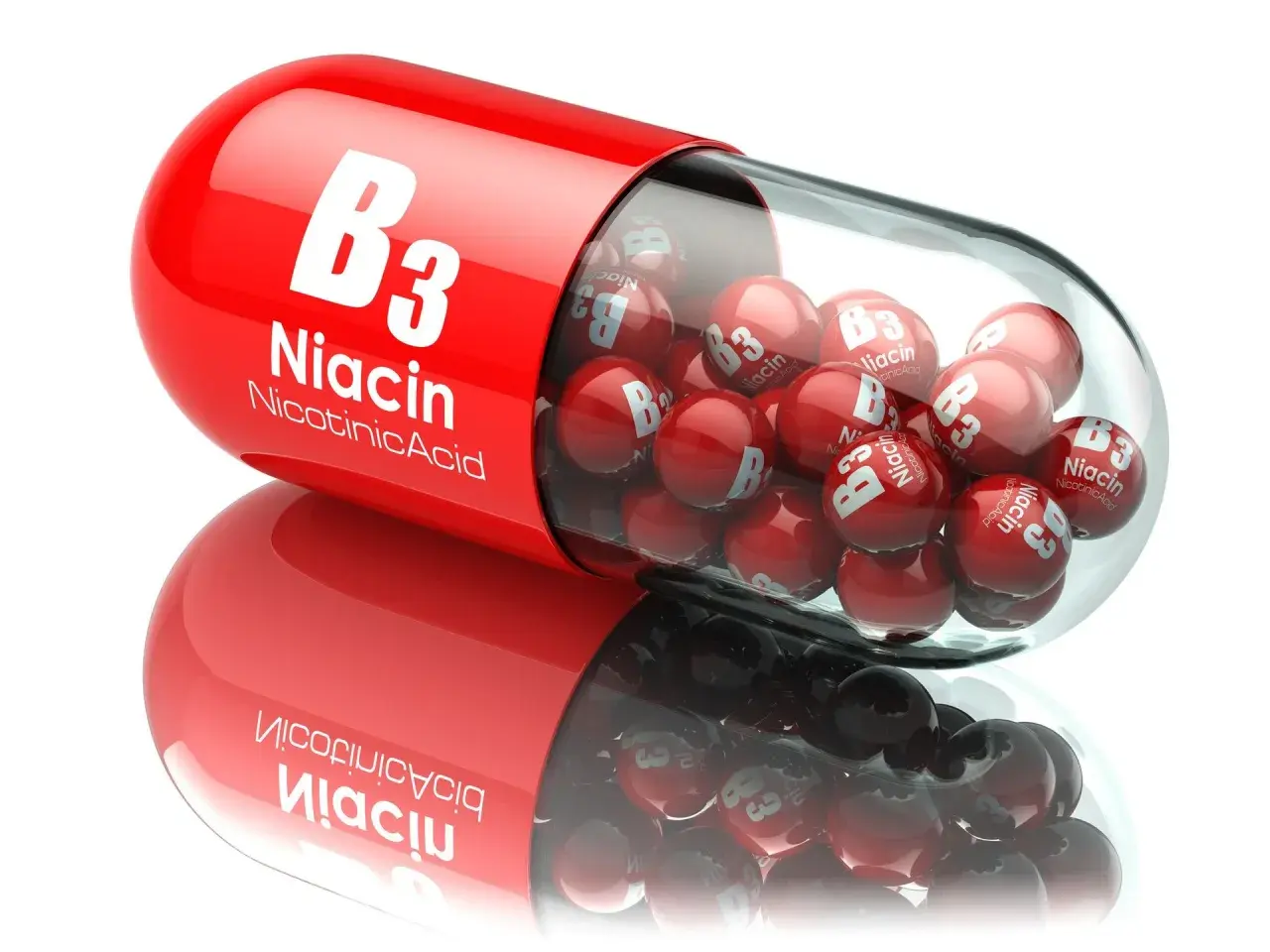 Czerwona kapsułka wypełniona małymi kulkami z napisem "Niacin B3". To niacynobaza w pigułce.