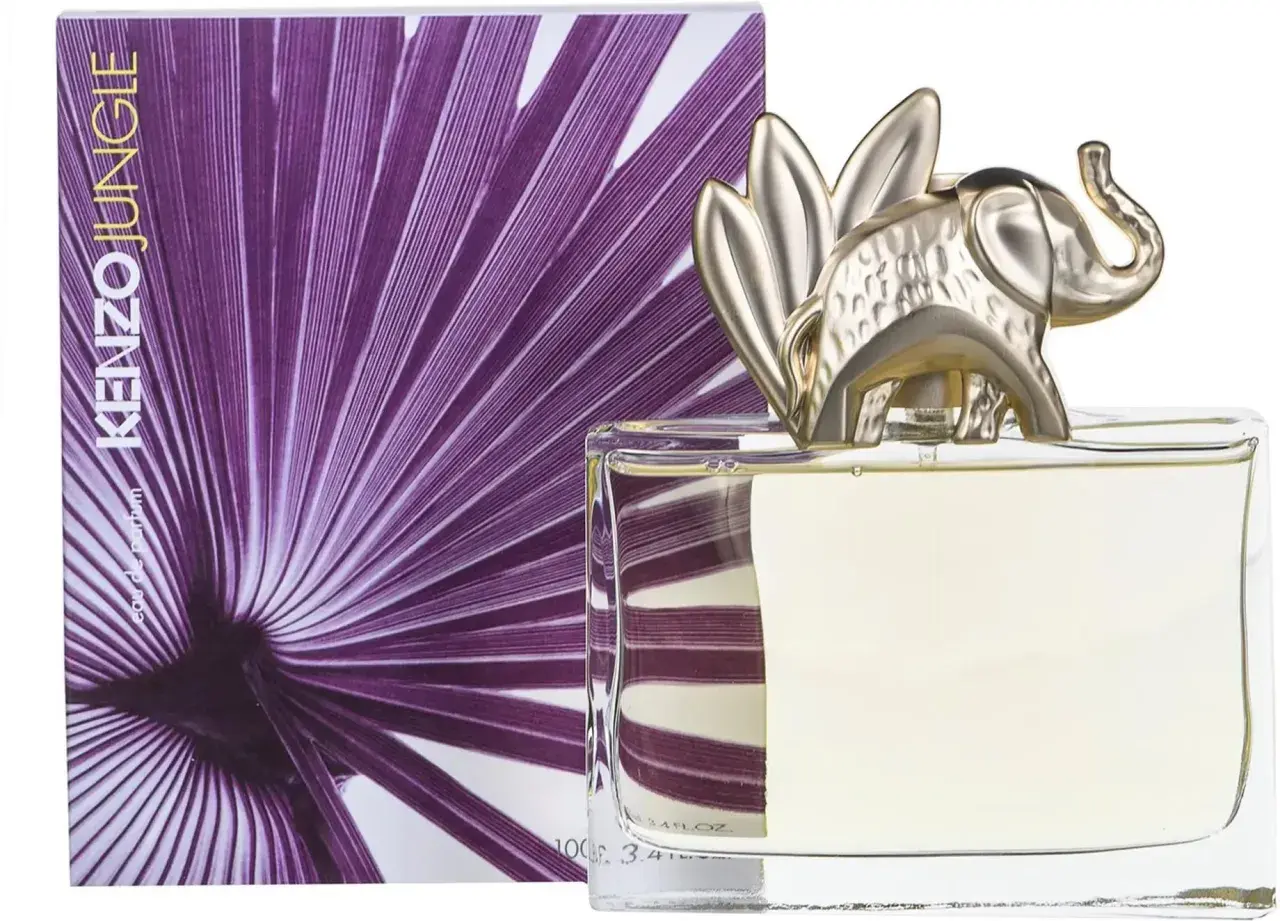 Perfumy Kenzo Jungle EDP w szklanym flakonie ze złotym słoniem i liściem palmowym na opakowaniu.