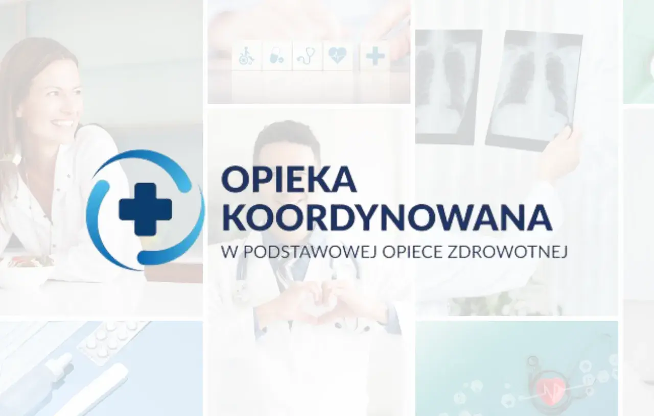 Lekarz tworzy serce z dłoni, symbolizując troskę. Napis "Opieka koordynowana" podkreśla holistyczne podejście do pacjenta.