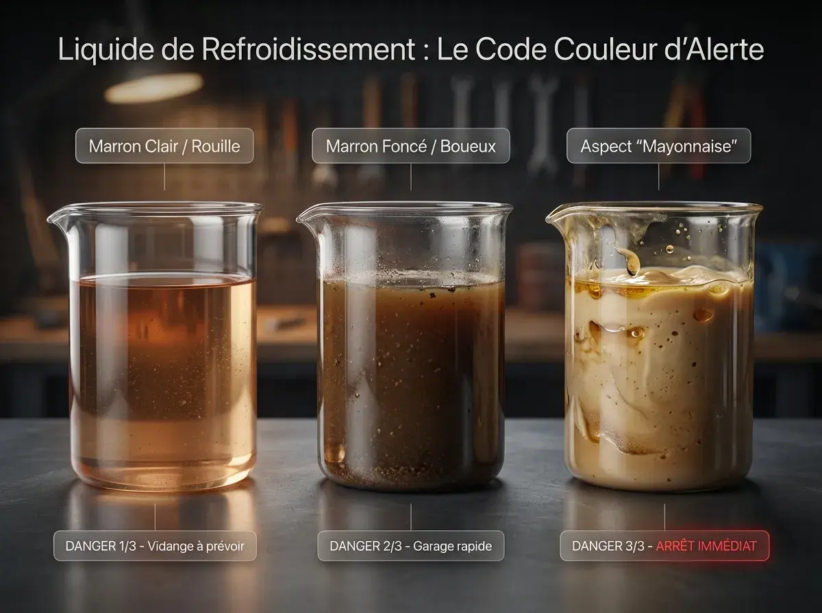 Trois béchers montrent l'évolution du liquide de refroidissement : clair, marron foncé, puis aspect "mayonnaise". Un liquide de refroidissement marron foncé indique un danger.