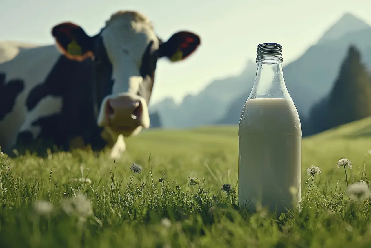 Eine Kuh auf einer grünen Wiese, im Vordergrund eine Flasche Milch. Das ist die Essenz von Rohmilch – frisch und unverarbeitet, direkt vom Bauernhof.