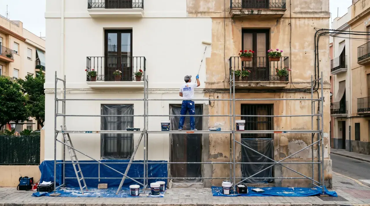 Un pintor en andamios renueva la fachada de un edificio, listo para pintar casa exterior.