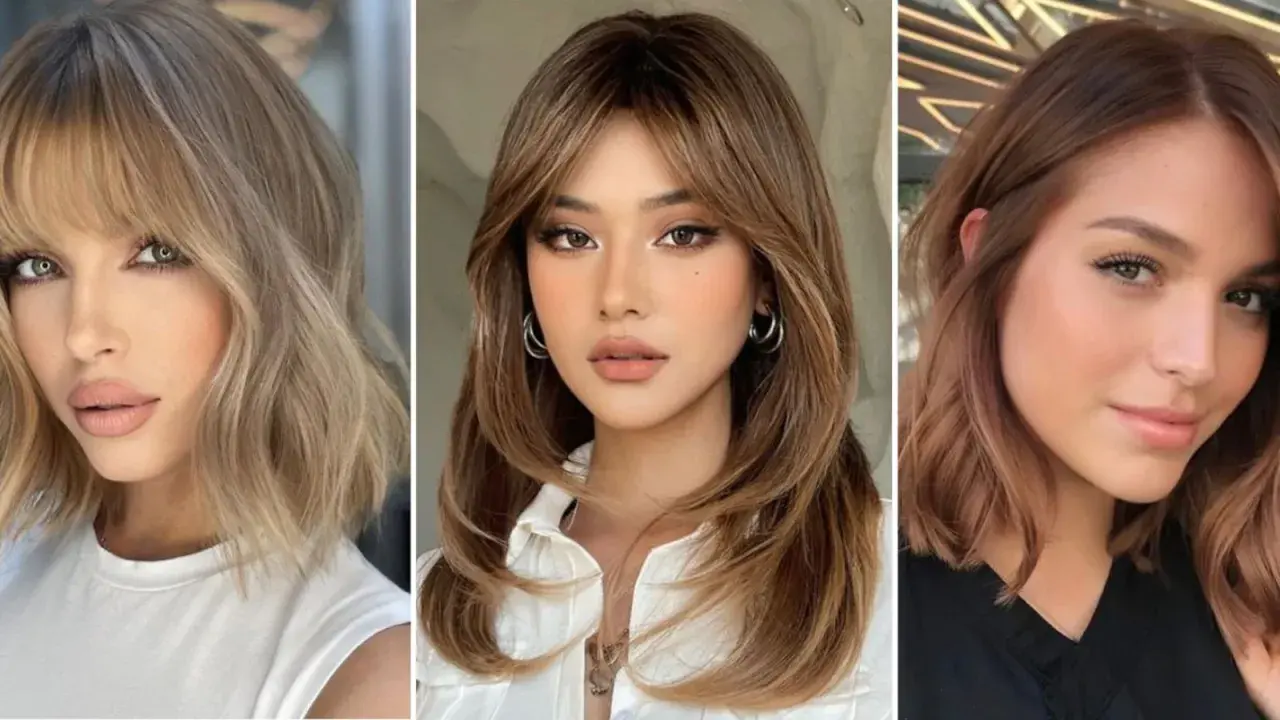 Tres mujeres con estilos de corte de pelo que favorecen la cara ovalada. Cortes modernos y favorecedores.