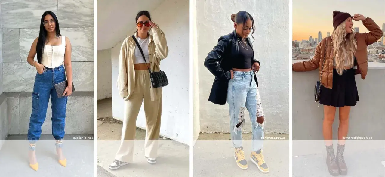 Cuatro looks de moda, uno con estilo cutecore, combinando prendas casuales y chic para un look urbano.